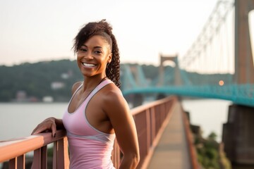 Medium shot portrait photography of a joyful girl in her 30s wearing a sporty tank top against a picturesque bridge background. With generative AI technology