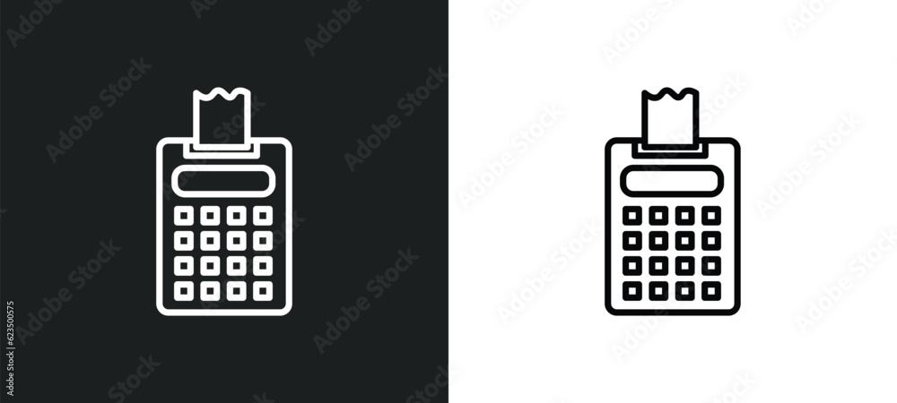 Poster printing calculator icon isolated in white and black colors. printing calculator outline vector icon