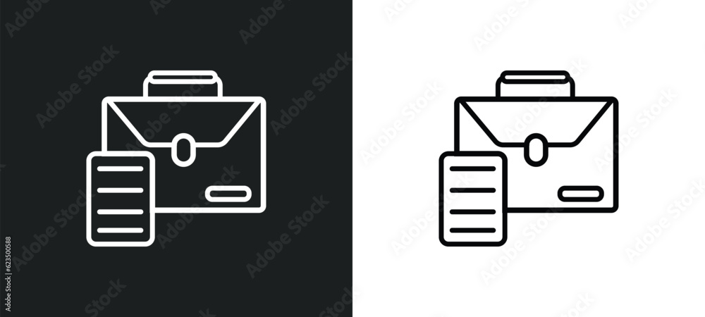 Poster briefcase and document icon isolated in white and black colors. briefcase and document outline vecto
