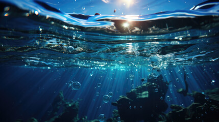 The sun shines brightly through the water's bubbles. Generative AI.