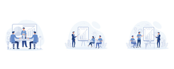 business workflow concept, teamwork having a   meeting,  business presentation. digital workspace, set flat vector modern illustration