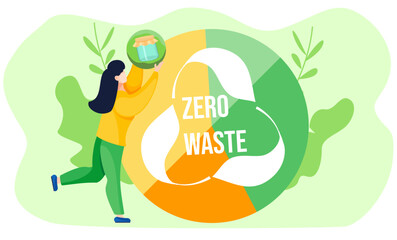 A girl holds a ball with a picture of a glass jar and raises it up. Sectorized yellow-green globe with recycling logo and white lettering on a light green background. Zero waste concept. Environment
