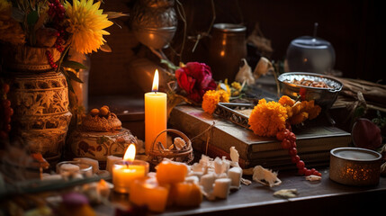 Fototapeta na wymiar A candlelit shrine with offerings, capturing the essence of devotion and reverence Generative AI