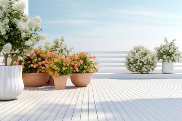 Fototapeta na wymiar 3d render of terrace with flower pot on white wooden floor. Generative AI.