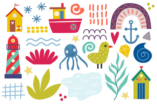 Summer design elements, house beach, rainbow, octopus, lighthouse, seaweed,boat, shell, star. Funny basic shapes, childish doodle cutouts hand and decorative abstract art on isolated background.	