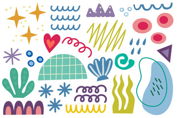Summer design elements. Colorful shape doodle collection. Funny basic shapes, random childish doodle cutouts hand and decorative abstract art on isolated background.	