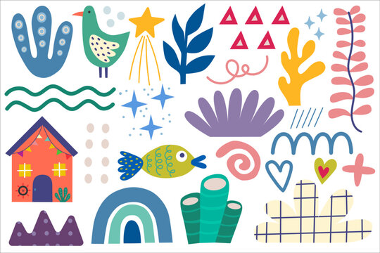 Summer design elements, house beach, rainbow, fish, bird, seaweed, shell, star. Colorful shape doodle collection. Funny basic shapes, random childish doodle cutouts hand and decorative abstract art