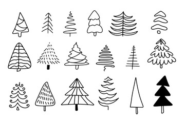 Black hand drawn doodle set of abstract christmas trees on white