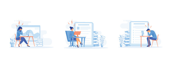 Stressed or frustration, Woman with headache, Stress in the office. Rush work, set flat vector modern illustration