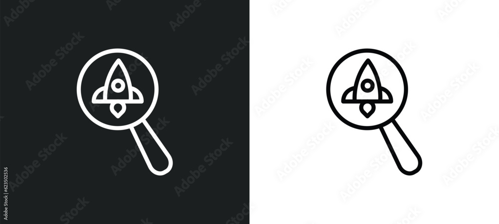 Poster startup project search icon isolated in white and black colors. startup project search outline vecto