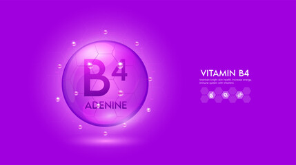 Vitamin B4 purple solution or Adenine. Innovation repair maintain bright skin care anti aging. Vitamins complex and collagen serum. For medical beauty treatment nutrition cosmetic design. Vector.