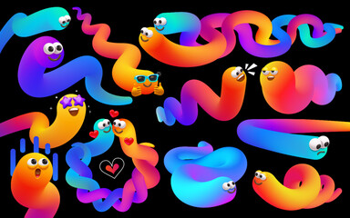 Abstract gradient worms characters. Color blend snake mascots with funny faces vector illustration set
