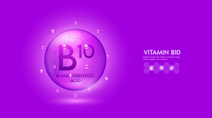 Fototapeta premium Vitamin B10 purple solution. Innovation repair maintain bright skin care anti aging. Vitamins complex and collagen serum. For medical beauty treatment nutrition cosmetic design. Vector.