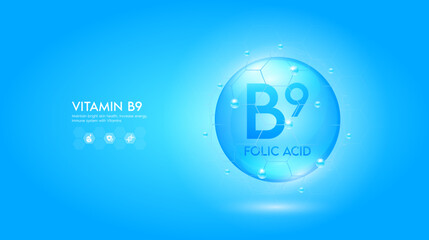 Vitamin B9 blue solution or Folic Acid. Innovation repair maintain bright skin care anti aging. Vitamins complex and collagen serum. For medical beauty treatment nutrition cosmetic design. Vector.