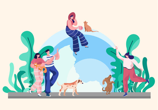 Pet owners on a stroll. People with their domestic animals on a walk in the warm season sunny day. Woman is playing with her kitty, training the dog, couple walking with a cheerful cat in arms