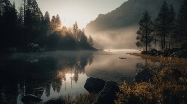 Fantastic Sunrise Scene with Fog Over Lake at azure alpine lake. Generative AI