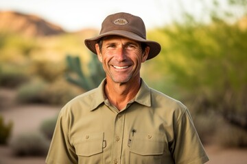 Environmental portrait photography of a glad mature man wearing a cool cap or hat against a picturesque desert oasis background. With generative AI technology