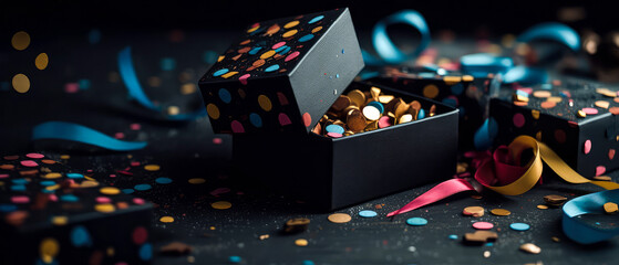 Close-up of gift boxes, colorful confetti, sparkles.Happy Holidays composition.Celebration background.  Flat lay. Top view. cover for social networks, shopping mockup.Generative Ai