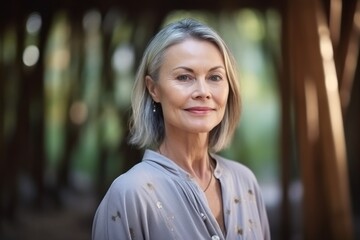 Medium shot portrait photography of a glad mature woman wearing a sophisticated blouse against a tranquil bamboo grove background. With generative AI technology