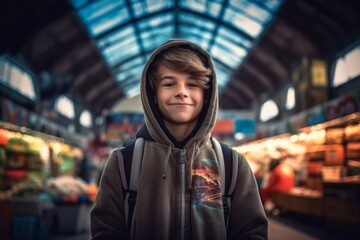 Fototapeta na wymiar Sports portrait photography of a satisfied kid male wearing a stylish hoodie against a bustling indoor market background. With generative AI technology