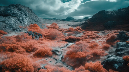 Fototapeta na wymiar Fantasy aerial picture above the dramatic landscape with infrared colors Generative AI