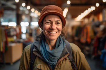 Environmental portrait photography of a joyful mature girl wearing a cool cap or hat against a bustling indoor market background. With generative AI technology