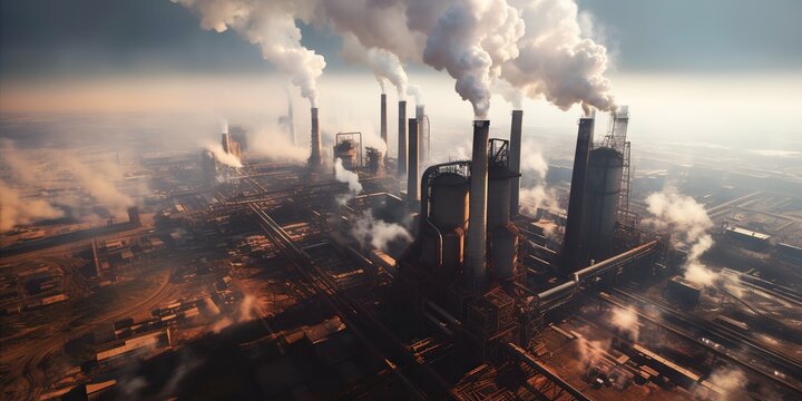 Top view of a sprawling steel mill, smoke billowing from its chimneys, painting the sky with a gray haze , concept of Industrialization, created with Generative AI technology