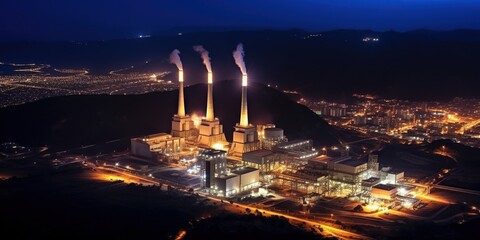 Top view of a power plant at night, its lights twinkling like stars against the dark landscape , concept of Energy production infrastructure, created with Generative AI technology