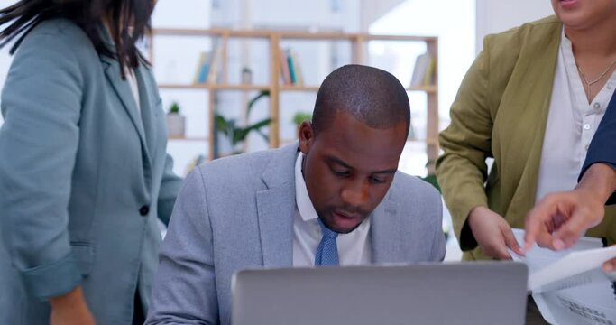 Businessman, documents and work overload in time lapse, stress or anxiety from overworked at the office. Busy black man multi tasking paperwork or tasks from group of employees for project deadline