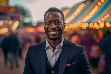 Close-up portrait photography of a grinning boy in his 30s wearing a classic blazer against a lively festival ground background. With generative AI technology