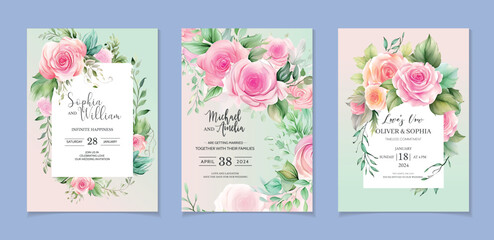 Vector hand drawing romantic watercolor wedding invitation card and menu template, Watercolor floral design, eucalyptus poster birthday, holiday, summer set design background.