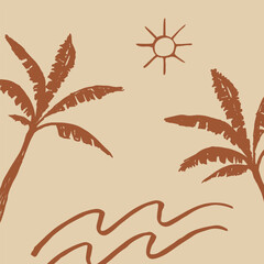 Fototapeta na wymiar Tropical landscape background for banner, template, postcard, card, web, print, polygraph, label, template. Hand drawn vector backdrop illustration with palm trees waves, sun. Boho style marina motive