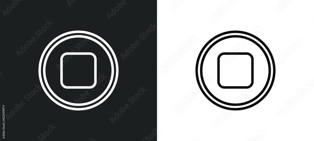 Poster round stop button icon isolated in white and black colors. round stop button outline vector icon fro