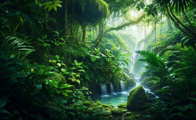 Fototapeta premium Green beautiful jungle background, Generative AI Illustration.