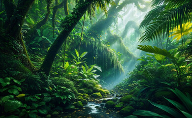 Green beautiful jungle background, Generative AI Illustration.
