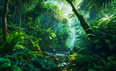 Green beautiful jungle background, Generative AI Illustration.
