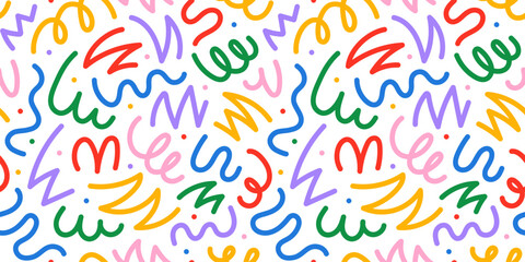 Fototapeta na wymiar Fun colorful line doodle seamless pattern. Creative minimalist style art background for children or trendy design with basic shapes. Simple childish scribble backdrop.