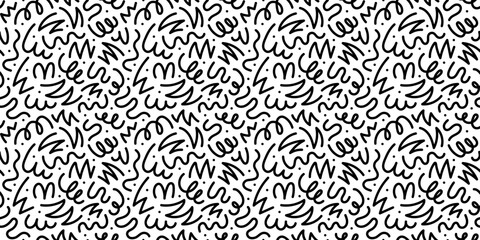 Fototapeta premium Fun black line doodle seamless pattern. Creative minimalist style art background for children or trendy design with basic shapes. Simple childish scribble backdrop.