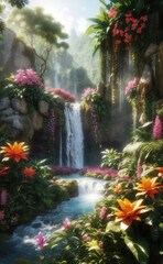 Fototapeta na wymiar A waterfall in forest with blooming flowers, Generative AI Illustration.