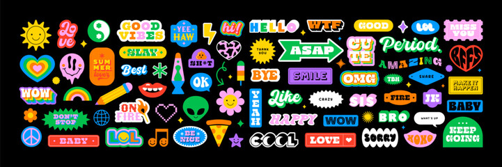 Colorful vintage label shape set. Collection of trendy retro sticker cartoon shapes. Funny comic character art and quote sign patch bundle. - obrazy, fototapety, plakaty