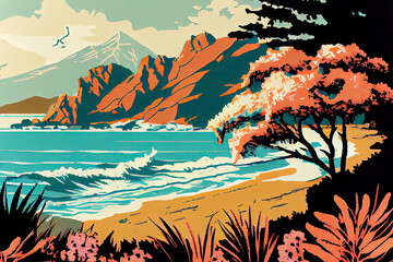 Lakeside plants illustration, Landscape illustration wallpaper,Zealand beach mountains and lake 