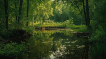 Green forest reflected in the pond Generative AI