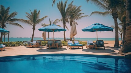 Fototapeta na wymiar Luxurious swimming pool and loungers umbrellas near beach and sea with palm trees and blue sky, Generative AI