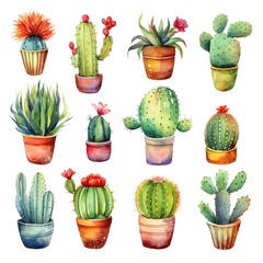 watercolor set of different cacti house plants in pots. generated ai