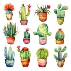 Glasschilderij Cactus in pot watercolor set of different cacti house plants in pots. generated ai