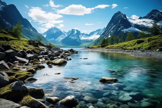 beautiful clear river in the mountains on a sunny day.