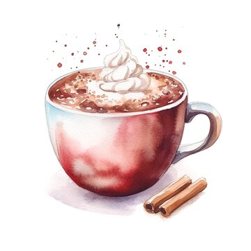 watercolor image pink cup of cappuccino and cinnamon, isolated on white background. generated ai