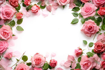Fototapeta na wymiar frame made of beautiful pink roses and green leaves isolated on white background with copy space in the center