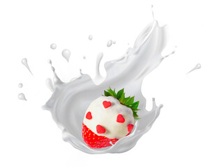 Splash and drops yogurt, milk, ice cream from falling ripe strawberries isolated