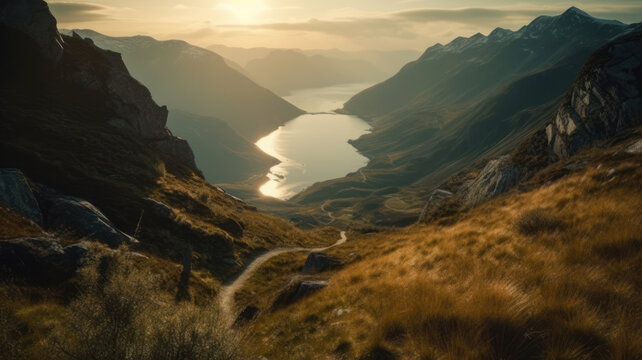 Mountainous landscape and fjord at sunset Generative AI